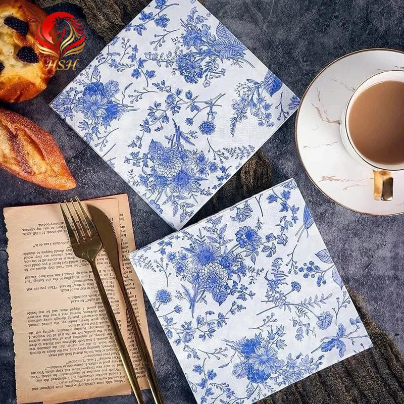 20 Peças/Pacote de Guardanapos de Papel Decoupage com Estampa de Flores Azuis, Guardanapos de Tecido Floral Vintage
