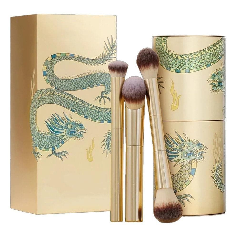 3 pincéis de maquiagem para pó, base, blush e corretivo com balde de armazenamento de cosméticos com dragão, conjunto de
