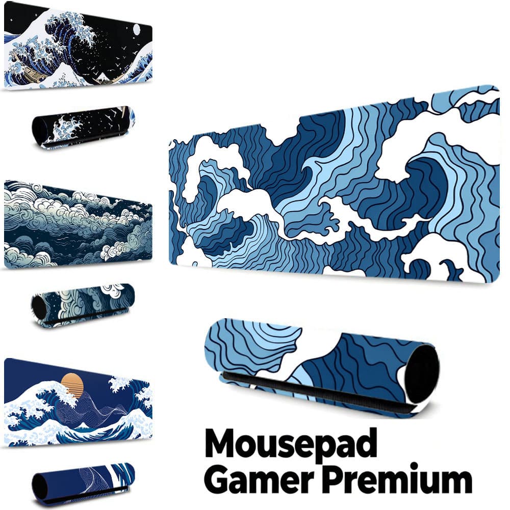 Tapete Gamer Onda Ukiyo-e Japonesa, borda costurada, base borracha antiderrapante, à prova d'água mesa notebook