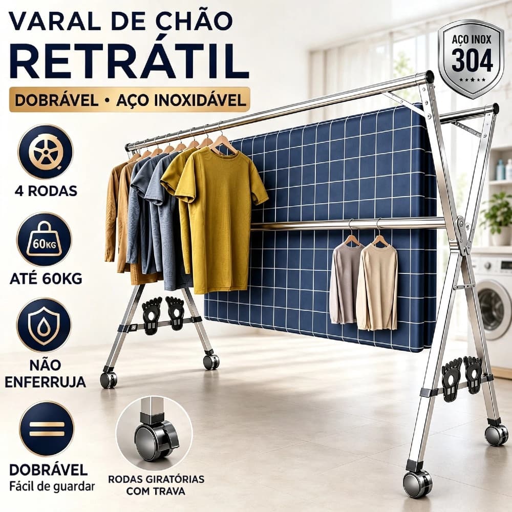 Varal de Chão Retrátil Dobrável Grande com 4 Rodas em Aço Inoxidável Reforçado Suporta Até 60kg Não Enferruja