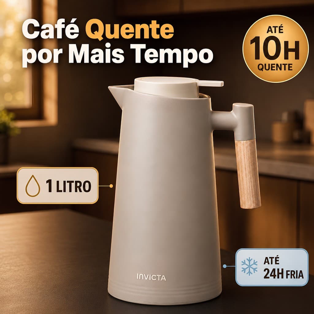 Garrafa Termica 1 Litro Linha Cori Bege Linho Cabo De Madeira Garrafa Térmica Café Elegante Invicta