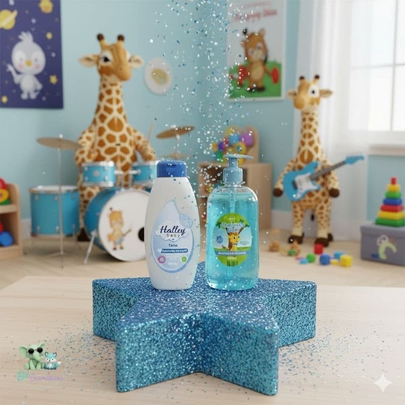 Halley Kit Sabonete Líquido Hidratante Glicerina Cheirinho Bom + Talco Cheirinho de bebê azul