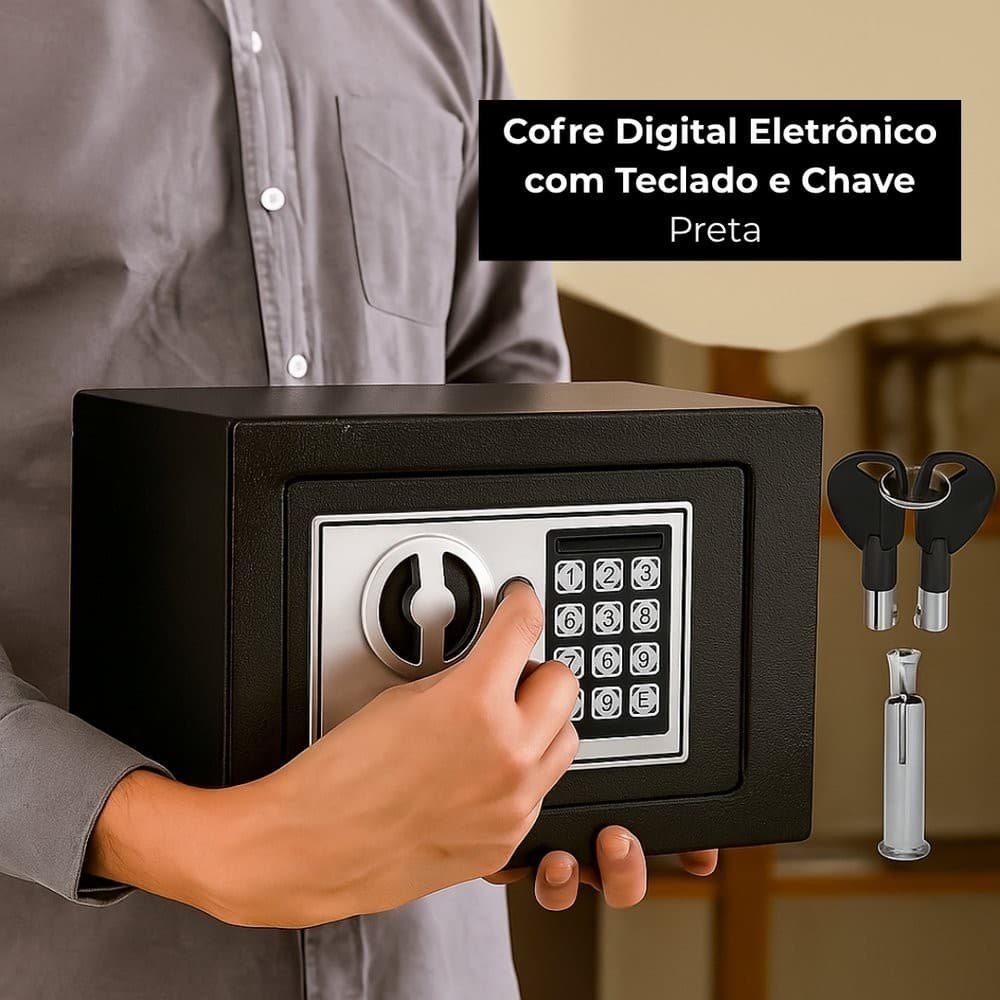 Cofre Digital Eletrônico com Teclado e Chave - Preta