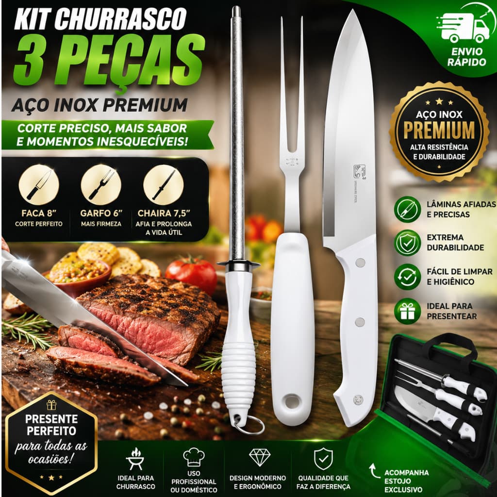 Kit Churrasco Profissional 3 Peças Aço Inox Presente para Pai Faca Garfo Chaira Chef Gourmet Área Gourmet