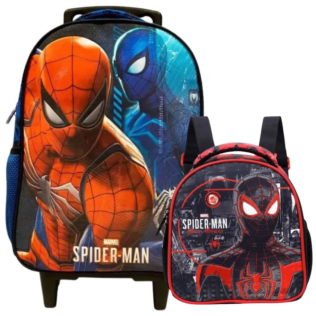 Kit Mochila Rodinha Lancheira Spiderman Miles Escolar Xeryus