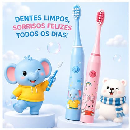 Escova de Dente Elétrica Infantil + 4 Refis Limpeza Suave Cerdas Macias à Prova D'Água Recarregável