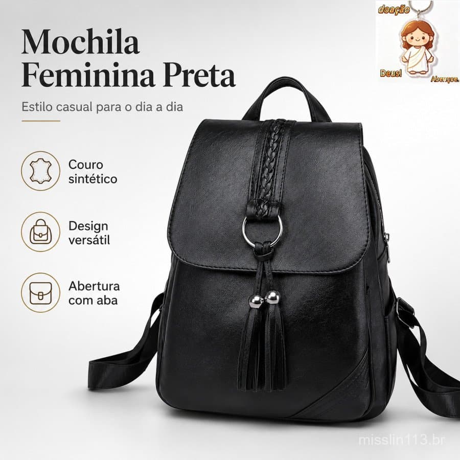 Mochila Feminina Escolar Casual Preta Couro Sintético Cabe iPad Trabalho Faculdade Viagem