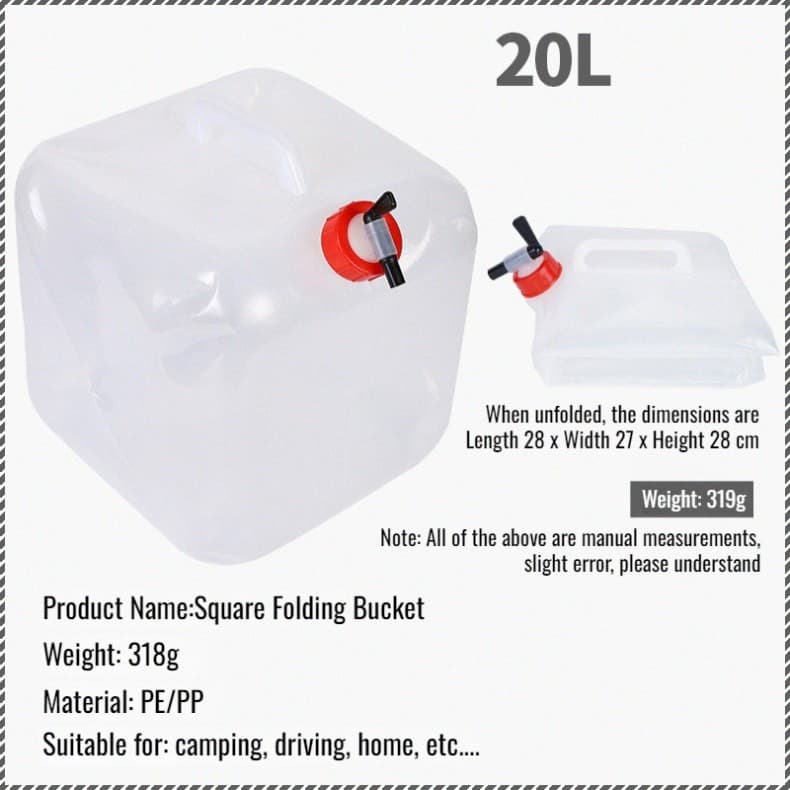 Balde de água dobrável JMY de 20 litros para atividades ao ar livre, camping, carro, recipiente portátil para água, chal