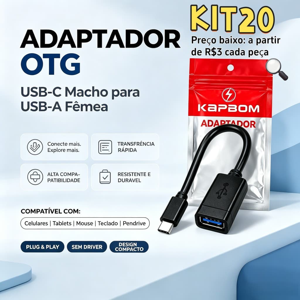 Kit 10/20 Cabo OTG Type-C Macho para USB Fêmea Dados Rápidos Carregamento | Compatível Celular Tablet