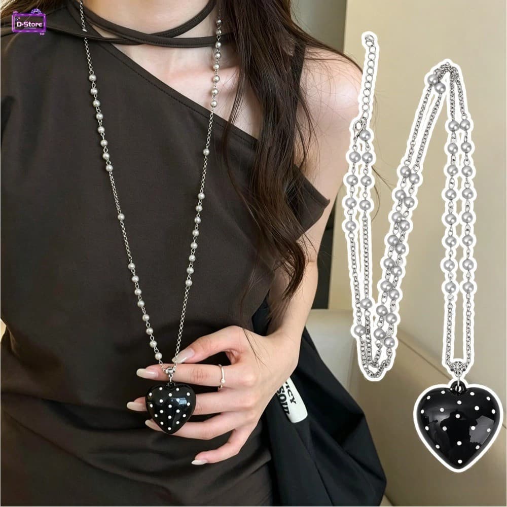 Colar De Bolinhas De Coração Preto Ajustável Estilo INS Coreano Pérolas De Camada Longa Para Mulheres Acessórios De Joia