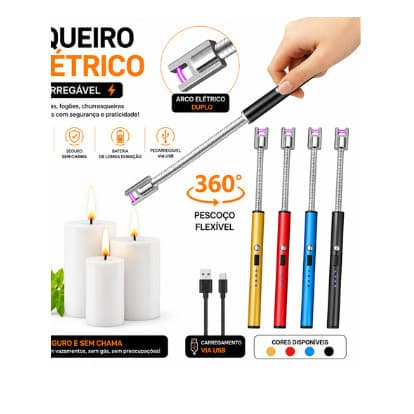 Isqueiro Elétrico Flexível Recarregável USB com Arco de Plasma