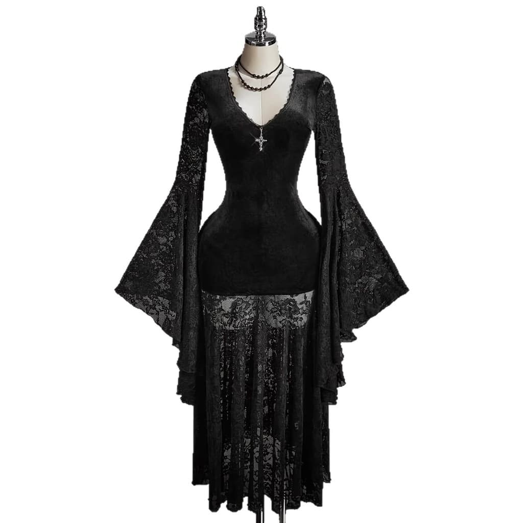 Halloween Gótico Bruxa Cosplay Traje Grunge Punk Manga Longa Renda Vestido Fino Para Mulheres Fada Núcleo Festa Y2K Hara