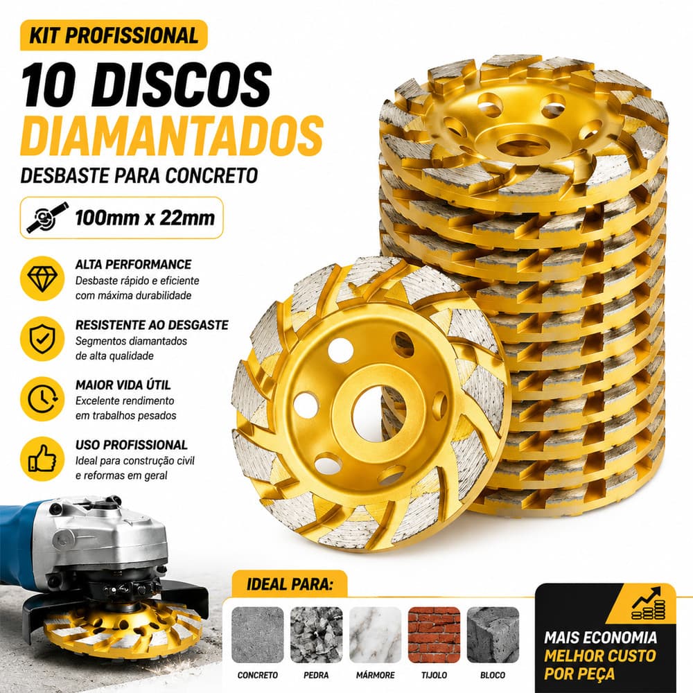 10 Disco Desbaste Esmerilhadeira Concreto Rebolo Diamantado 100mm x 22mm