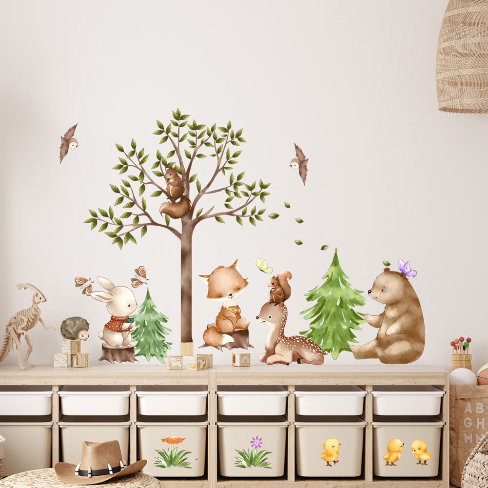 Papel de parede planta verde floresta Animal adesivos de parede bonito coelho raposa crianças papel de parede decorativo