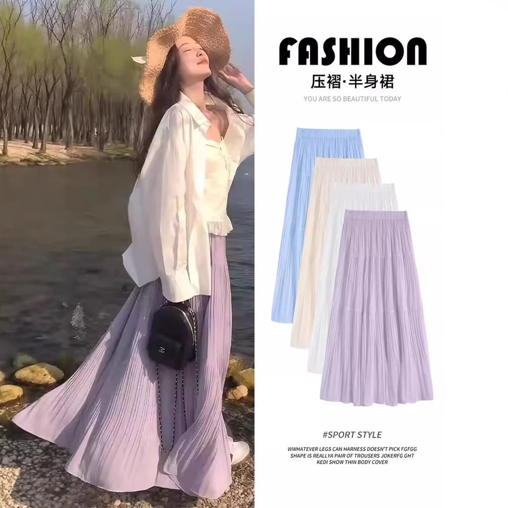 Saia de Chiffon roxo saia de gaze feminina 2026 novo estilo cintura alta Drape a linha saia tamanho grande saia longa pl