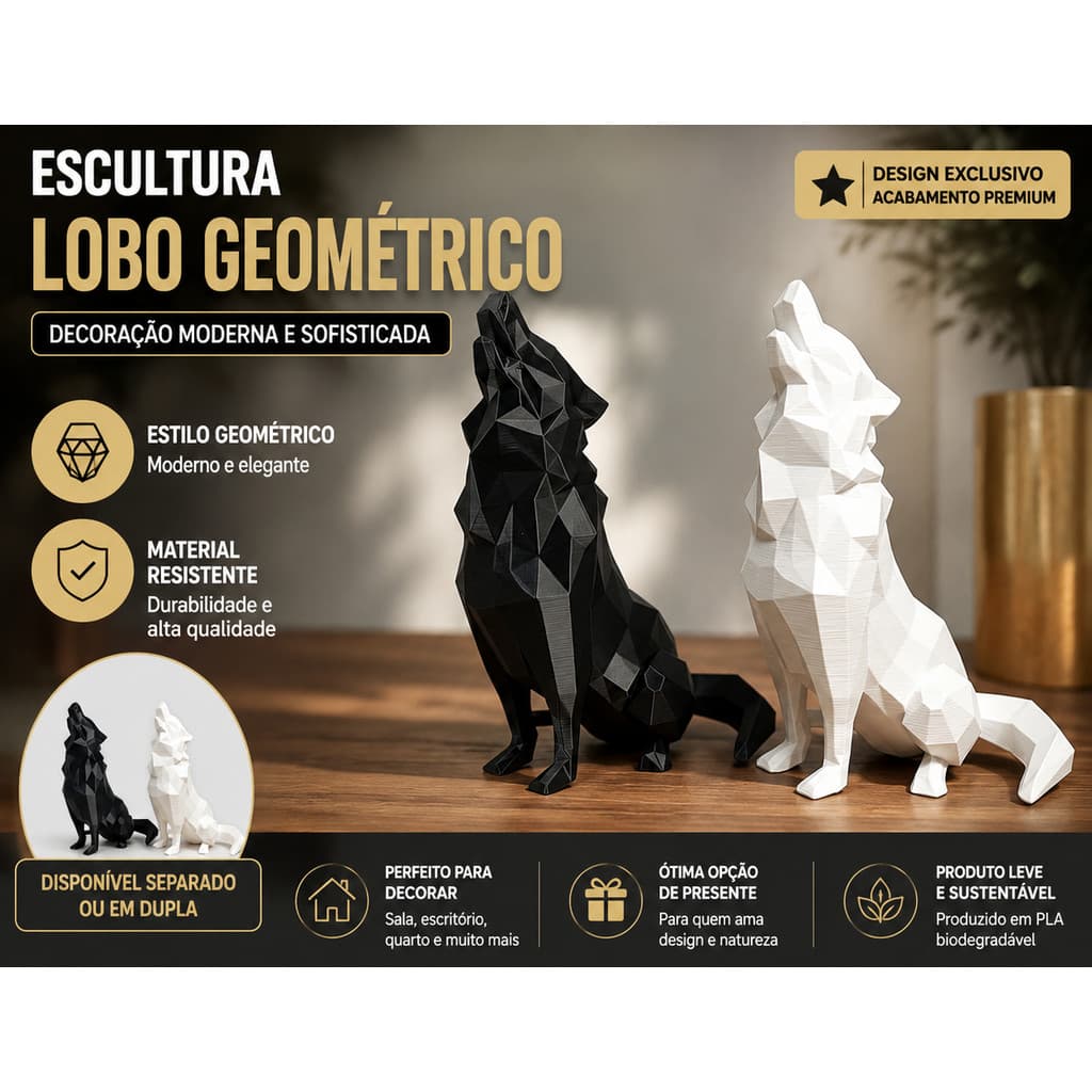 Escultura Lobo Geométrico 3D Decorativa Moderna em PLA | Decoração Minimalista | Unidade ou Kit com 2