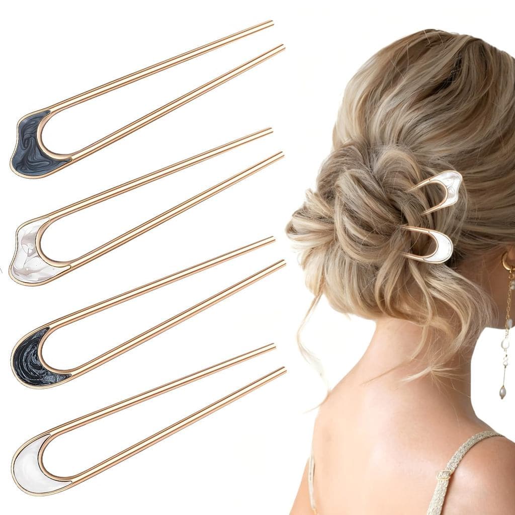 4 Peças de Garfos de Cabelo em Forma de U, Grampos de Cabelo Franceses para Mulheres, Palitos de Cabelo Vintage de Metal