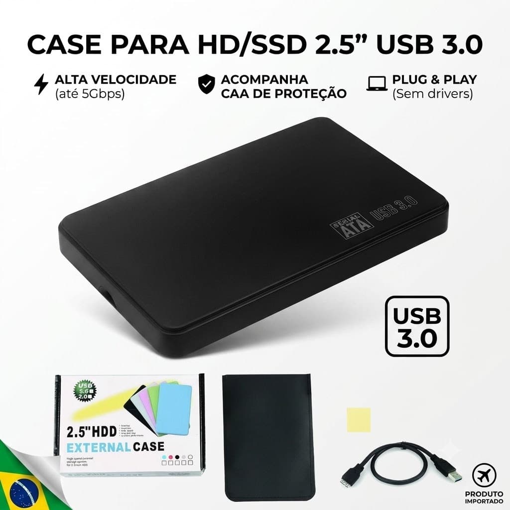 Case para HD e SSD 2.5 SATA USB 3.0 Externo com Capa de Proteção Bag