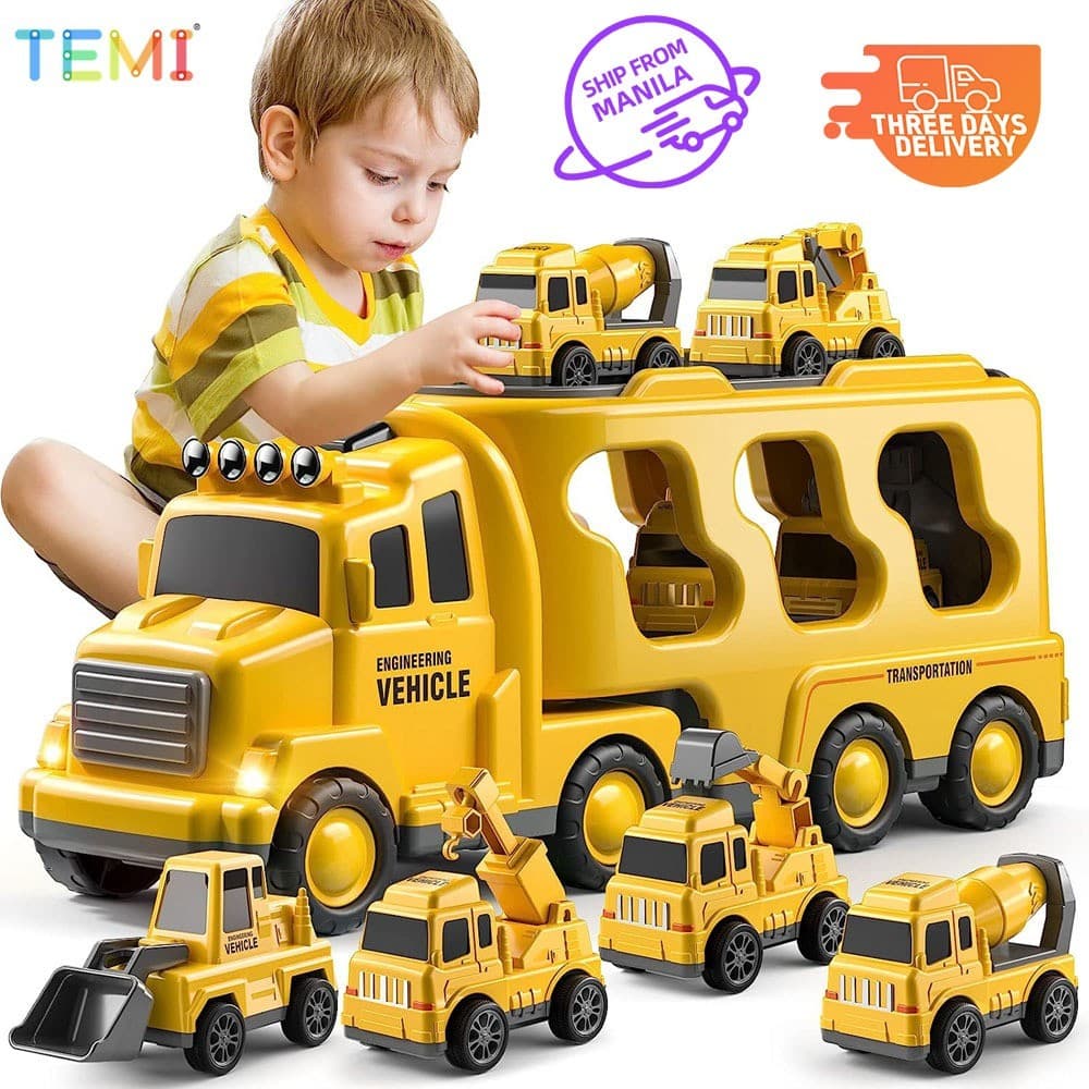 ⭐ Envio da Malásia ⭐ TEMI5in1CaminhãoTransportador de Miniaturas, Veículos de Engenharia, Escavadeira, Bulldozer, Conjun