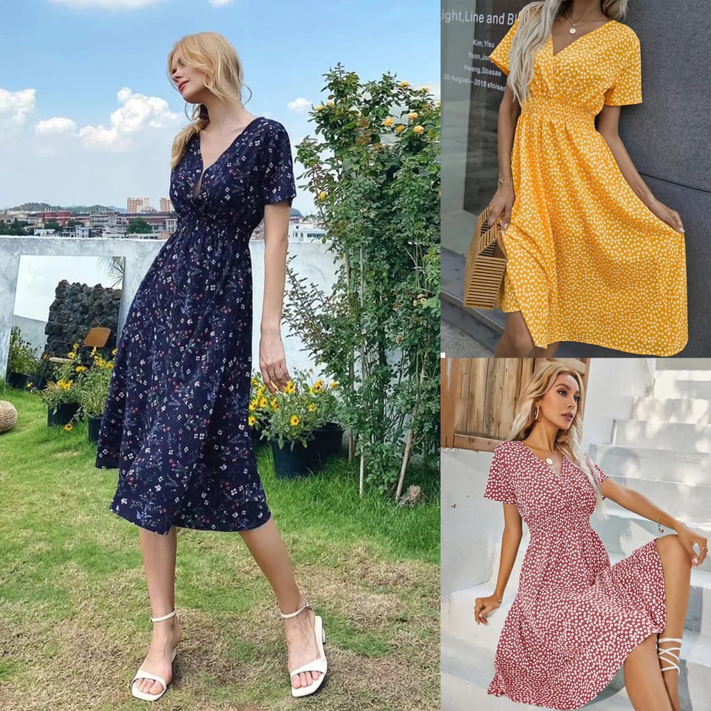 Vestido de manga curta com decote em V verão solto Floral vestido de cintura estreita