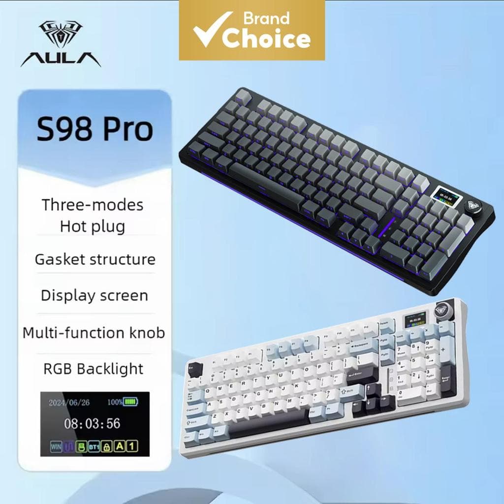 Teclado de Jogos Sem Fio Aula S98pro Bluetooth USB-C 2.4G Teclas PBT RGB Hot-swap Teclado Esports com Mini Tela Colorida