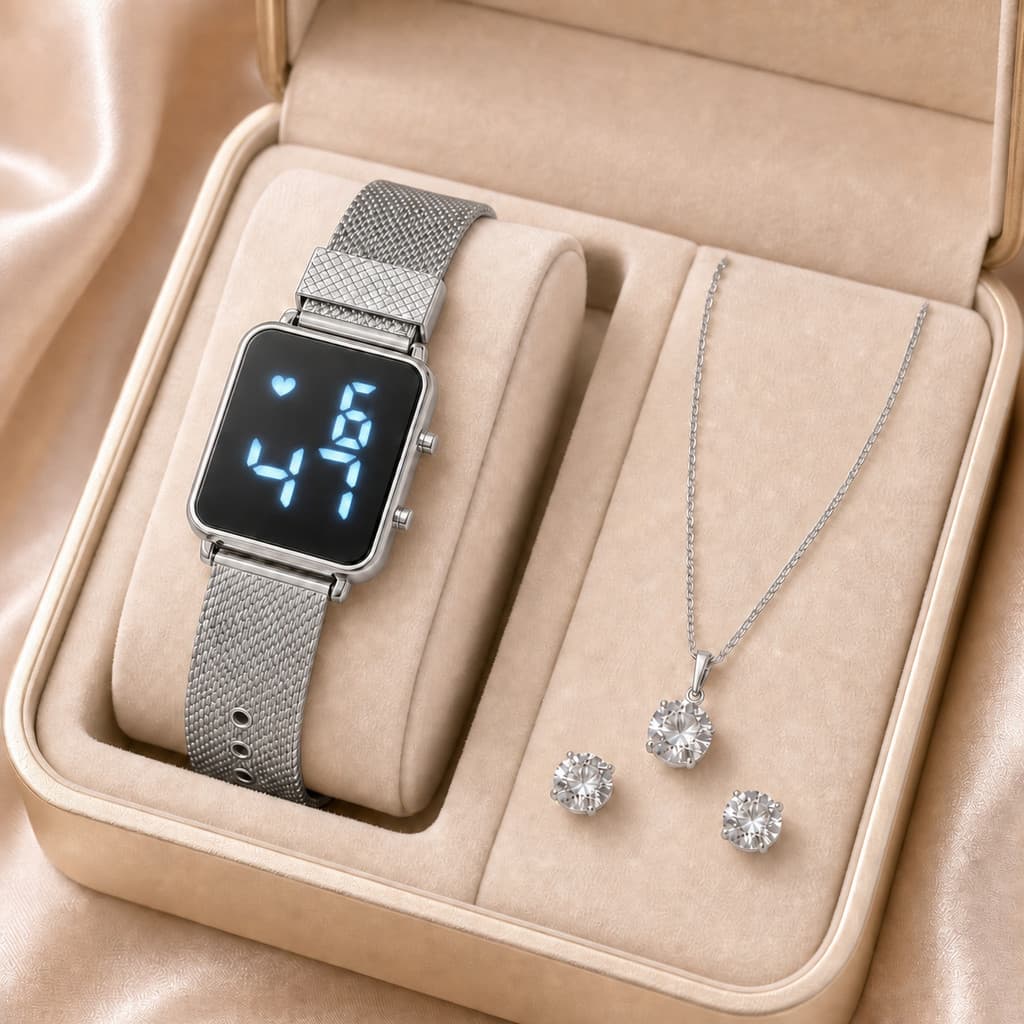 Relógio Digital Feminino com Pulseira de Malha, Colar com Pingente e Brincos