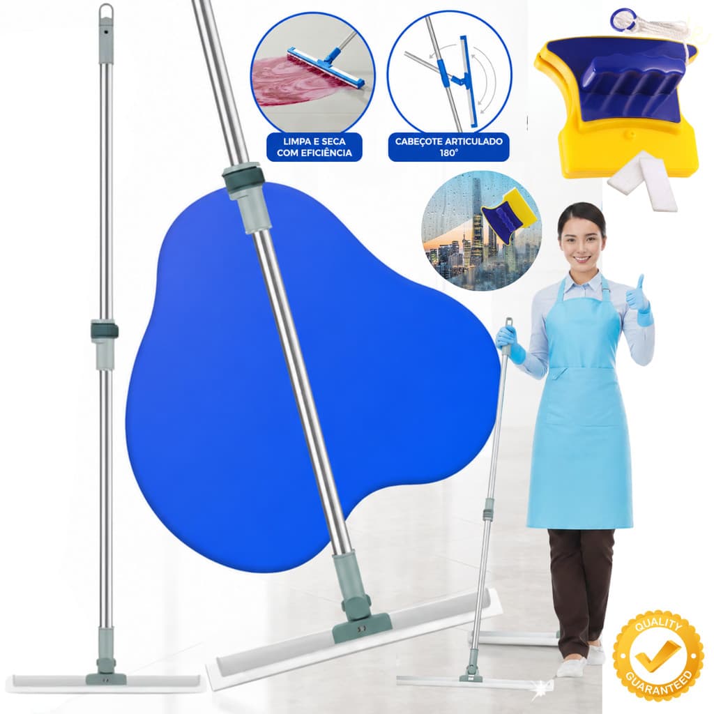 Rodo Silicone Vassoura Mágica Extensivo 1,45m Limpeza Seca Chão Pisos + Limpador Magnético Janelas