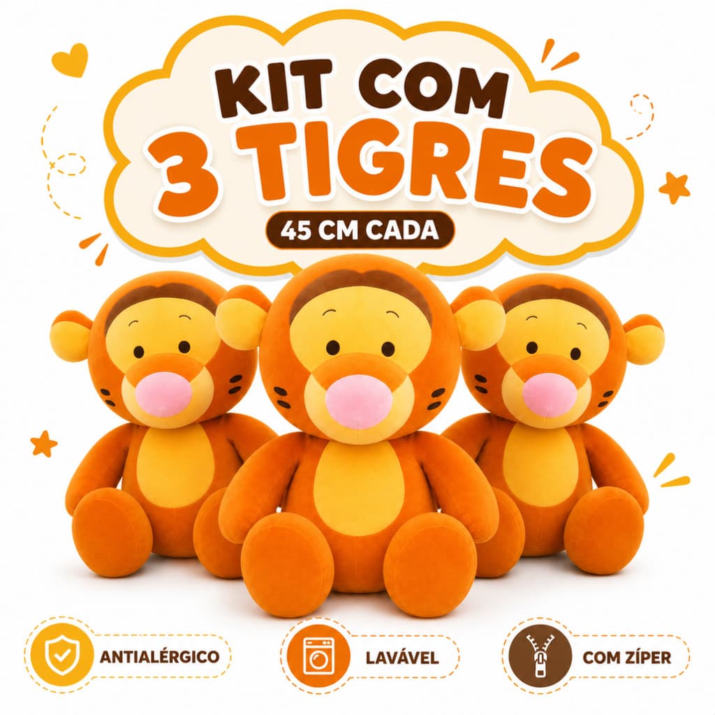Kit 3 Pelúcias Tigre 45cm Macias e Laváveis