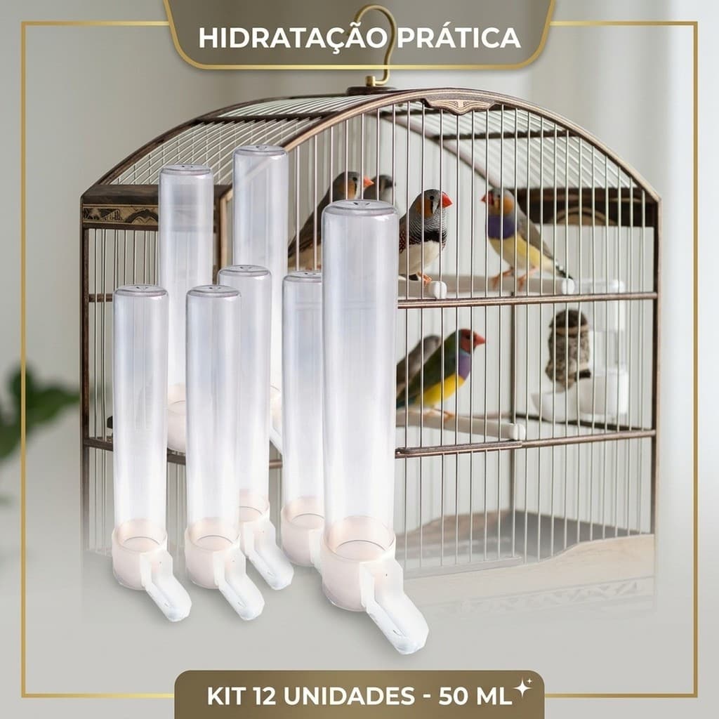 🐤 Bebedouro Gaiola Pássaros Transparente 50ml Kit 12 Canário Periquito Calopsita Anti Derrame 🐦