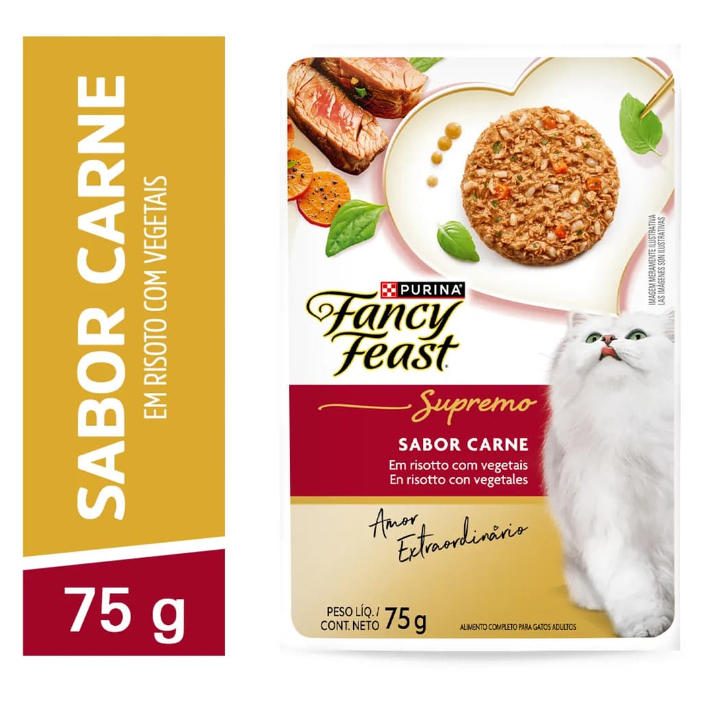 Sachê para Gatos Caixa de Sachê para Gato Fancy Feast Supremo Carne 75g Ração Úmida para Gatos 15 Un