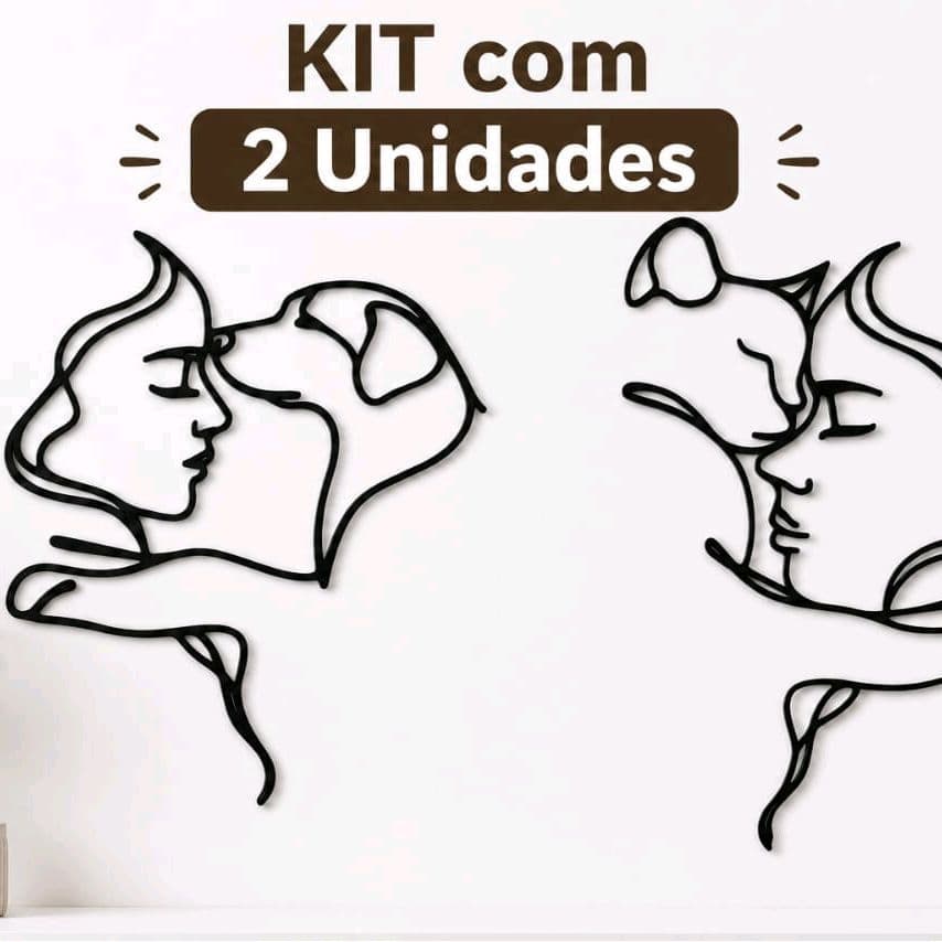 Esculturas 3D Cachorro e Gato Kit Decorativo Linha Contínua Moderno Sala Quarto Escritório
