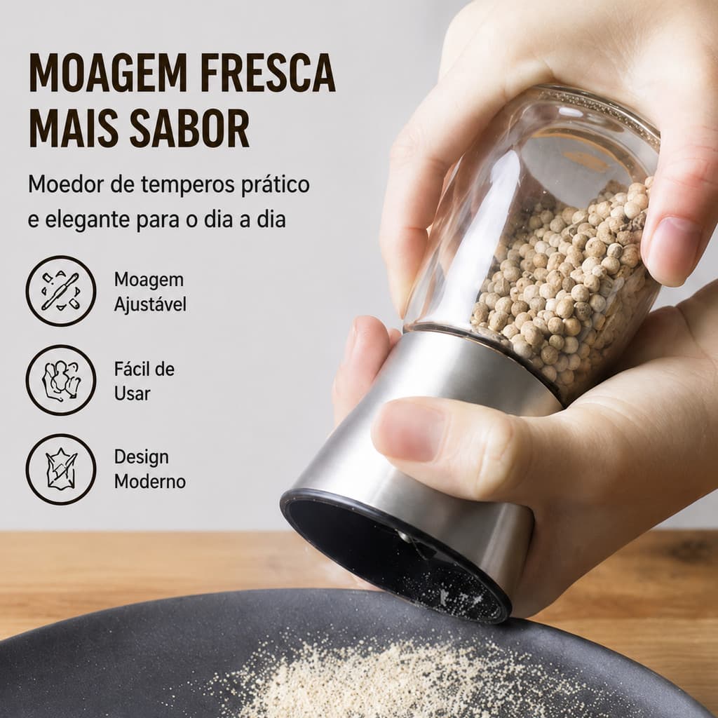 Moedor de Sal Grosso, Pimenta e Temperos com Corpo de Vidro e Tampa em Aço Inox