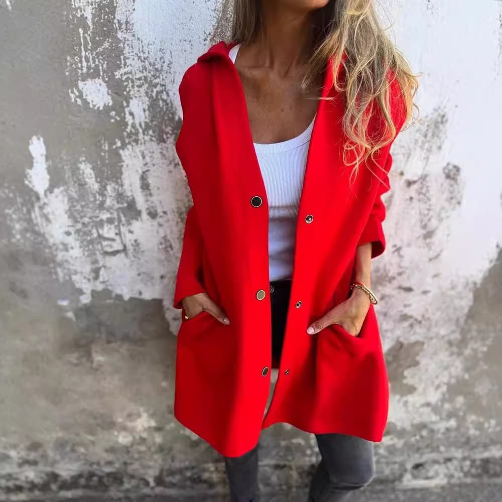 Casaco longo feminino com capuz e botão-inverno