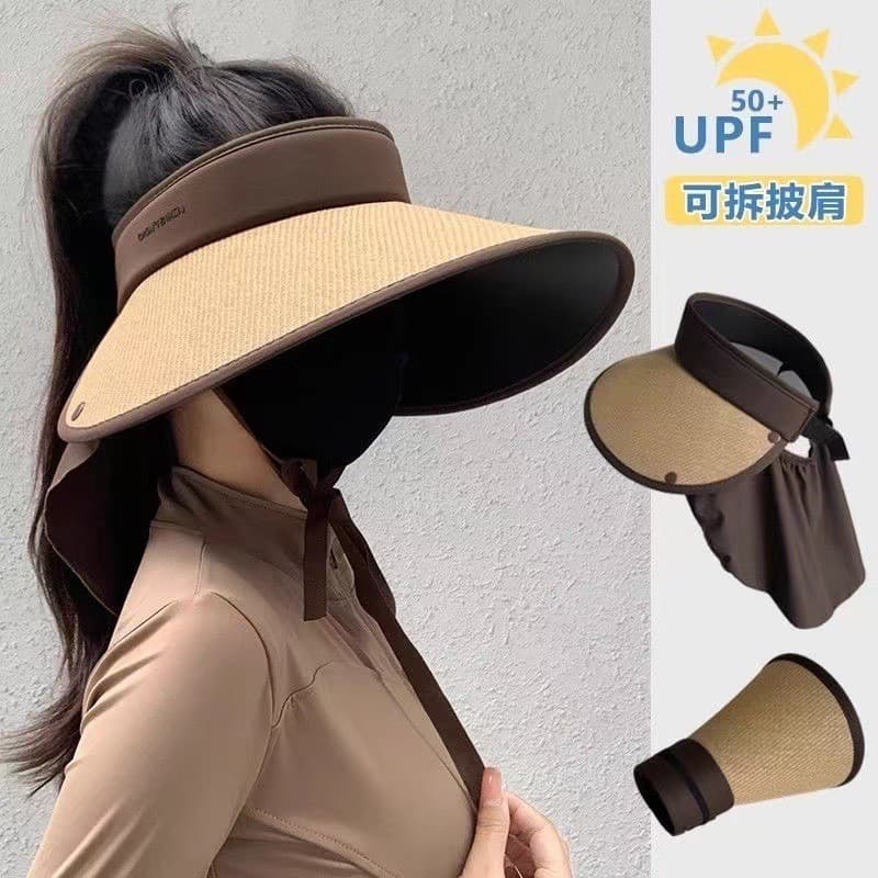 Xale pescoço proteção chapéu de sol feminino verão Anti-ultravioleta palha chapéu de sol grande borda dobrável vazio top