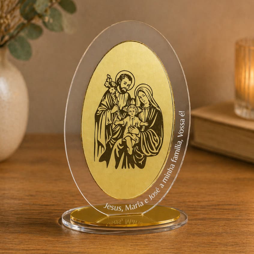 Placa de Mesa Decorativa Sagrada Família Lembrancinha Enfeite em Acrílico
