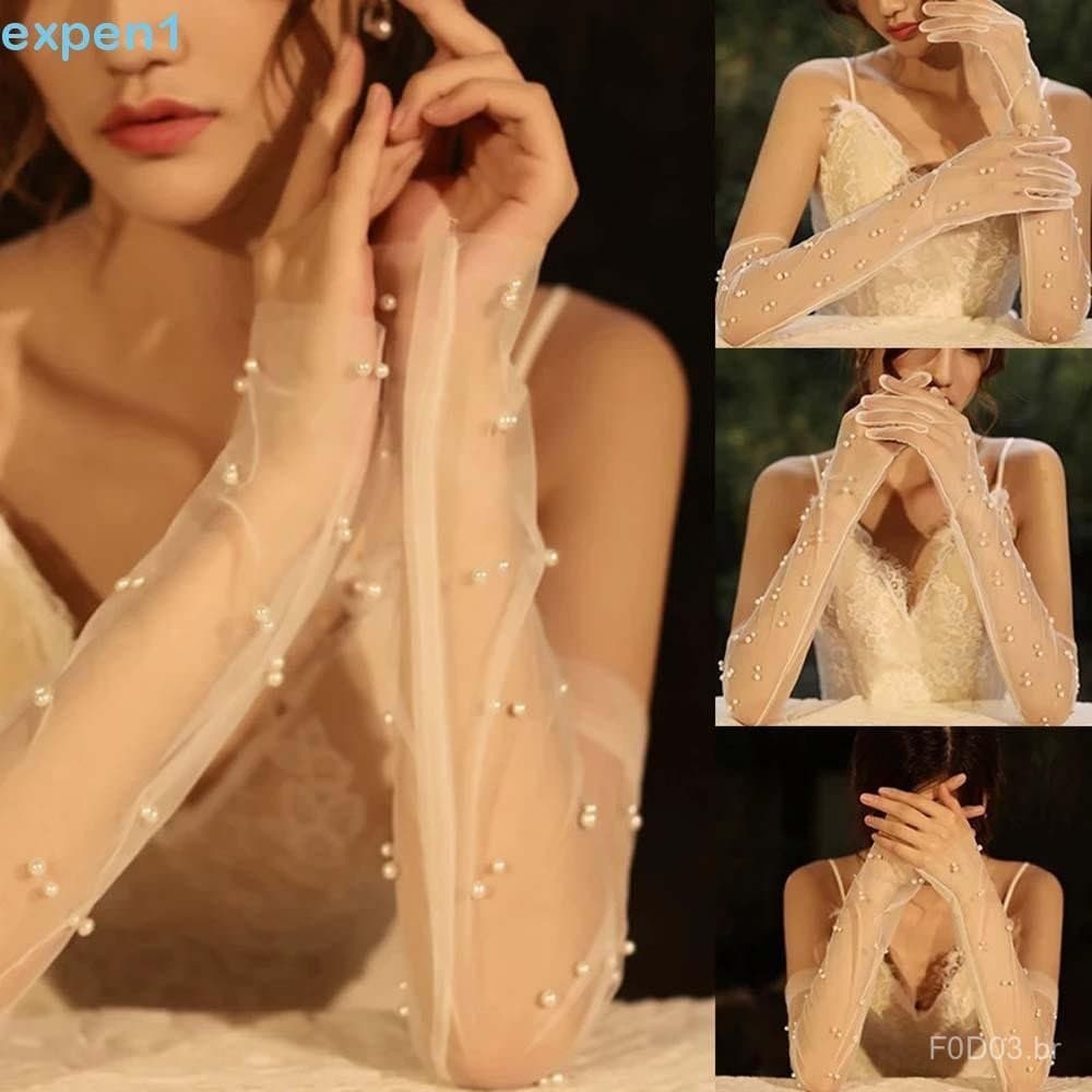 EXPEN Luvas De Noiva Elegante Temperamento Chiffon Pérola Festa De Casamento Sem Dedos