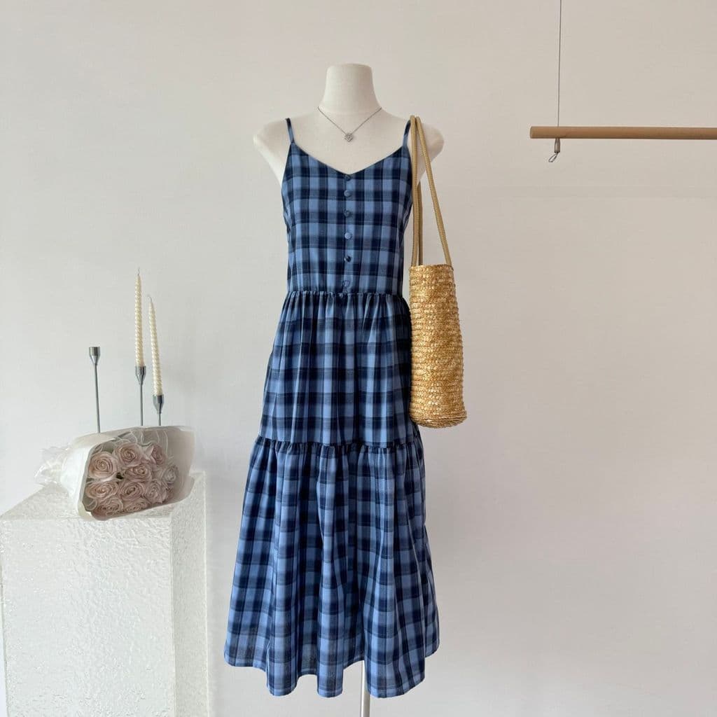 Vestido solto xadrez com suspensório, elegante vestido longo xadrez para férias, vestido casual em corte A.