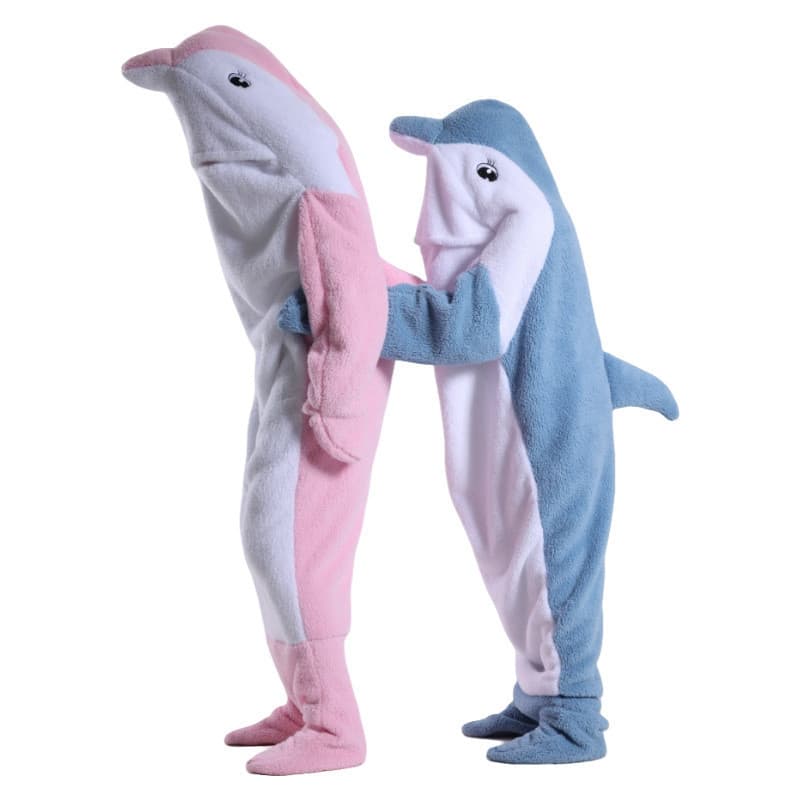 Outono inverno engrossado dos desenhos animados golfinho saco de dormir adulto saco de pijama de uma peça pode usar lã q