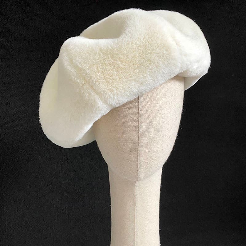 Chapéu octogonal doce branco imitação de coelho de pelúcia boina de grandes dimensões outono inverno All-Match quente pi
