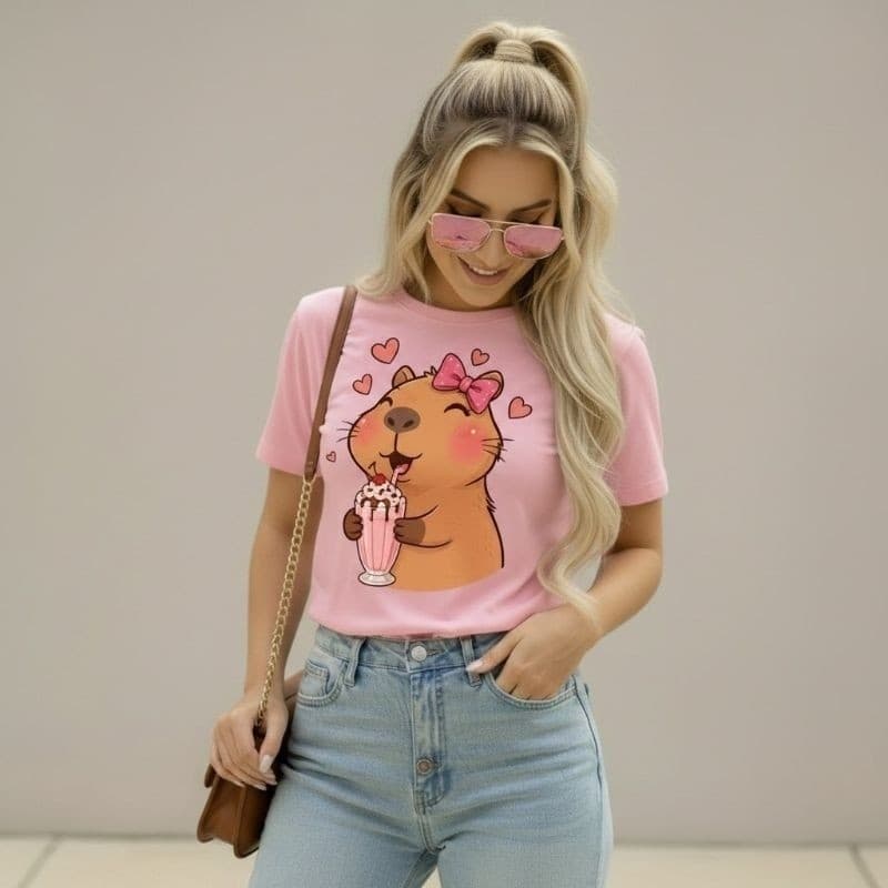 Camiseta Feminina T-Shirt Estampa Capivara Fofa Blusa Blogueira Moda