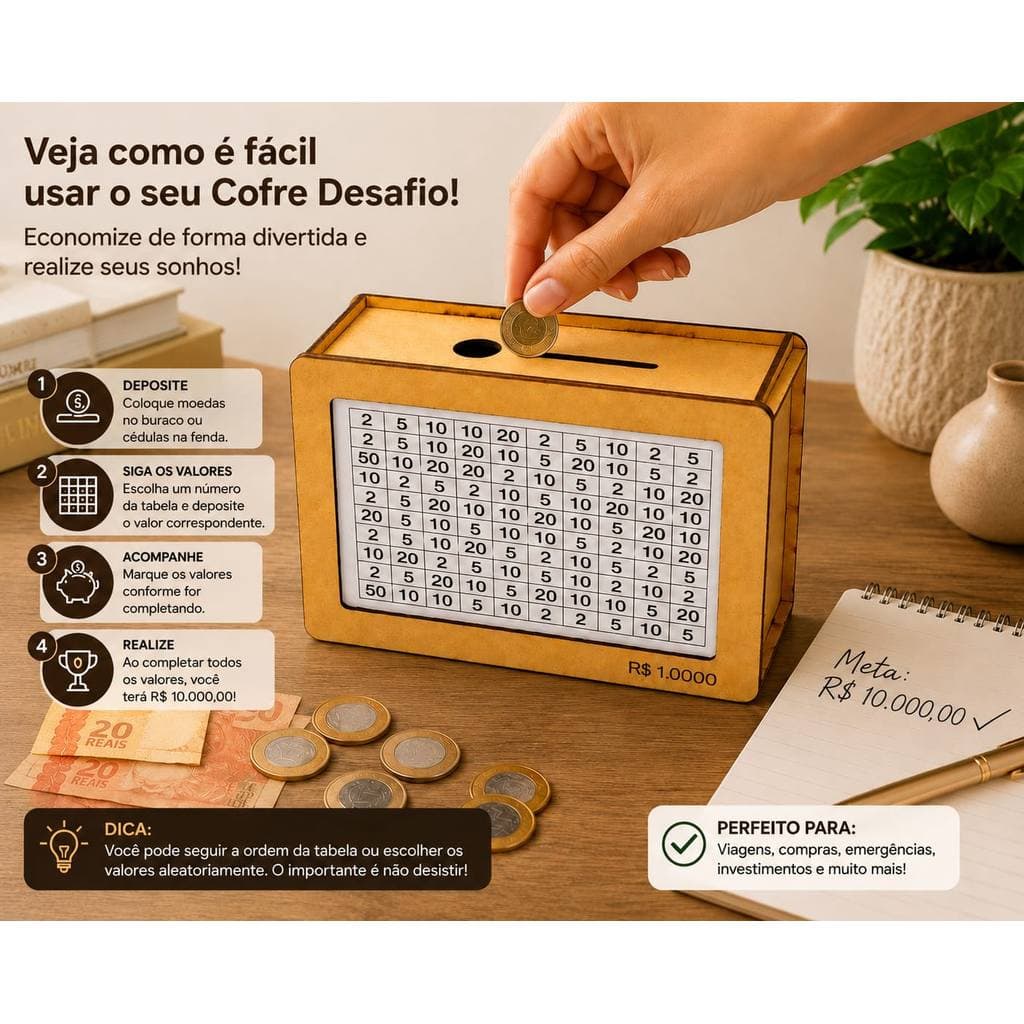 Cofre Desafio Em MDF Personalizado Escolha Sua Meta 1/5/10 Mil Método Japonês Cofre Cédulas E Moedas