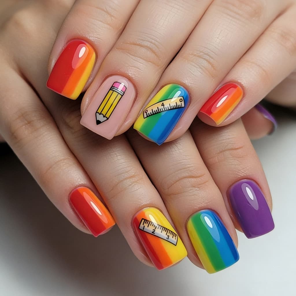 Bonito Arco-Íris Lápis Impresso Imprensa Em Unhas Médio Longo Estilo Europeu Moda Dicas De Falsas