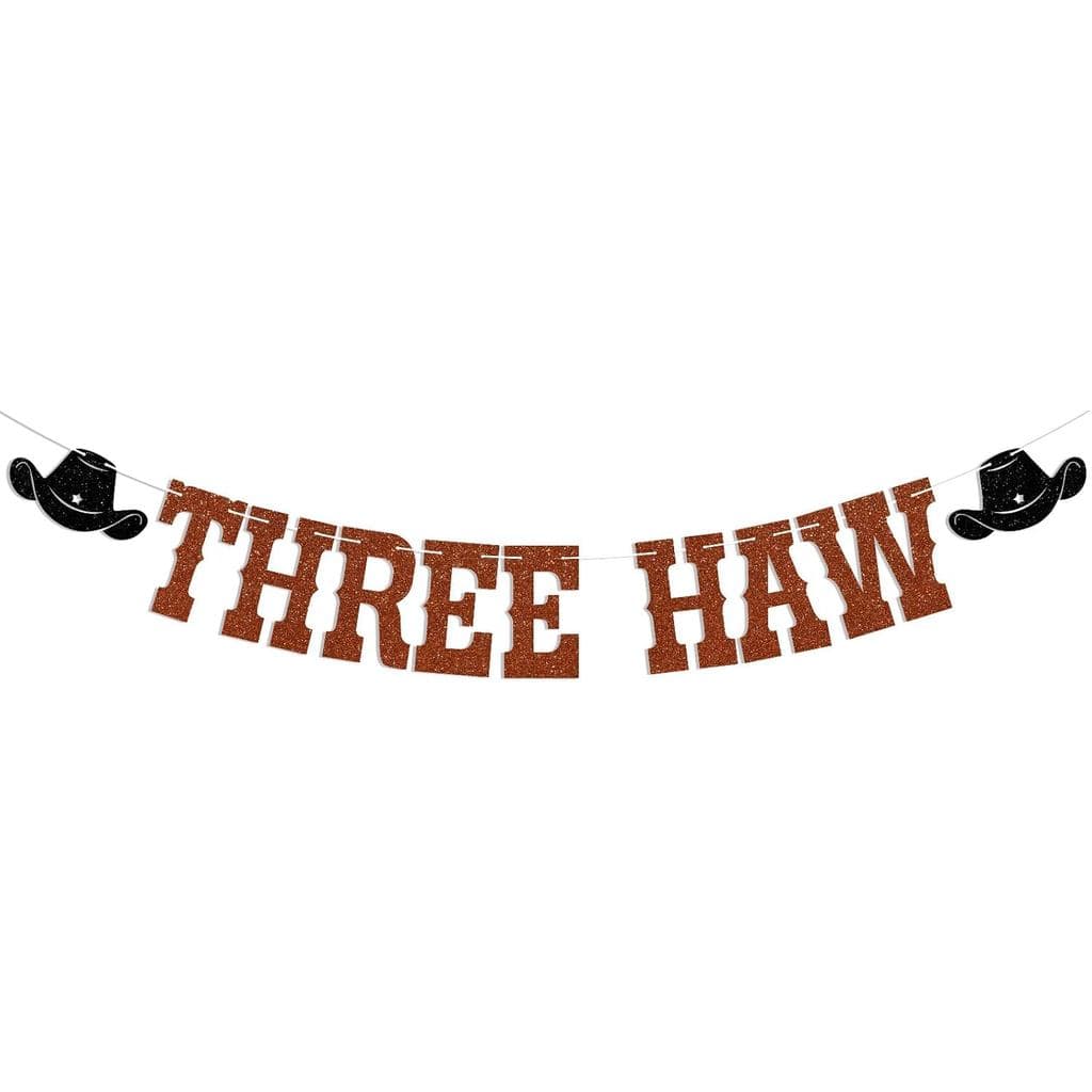 Three Haw Banner - Feliz 3º Aniversário, Decorações para Festa de Aniversário de 3 Anos com Tema de Cowboy Ocidental, Gl