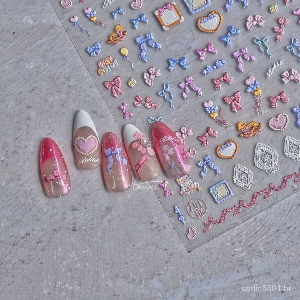 Decorações de unhas em relevo, adesivos de laço fofos, adesivos de beleza em estilo japonês, tomoni colorido P5QA.