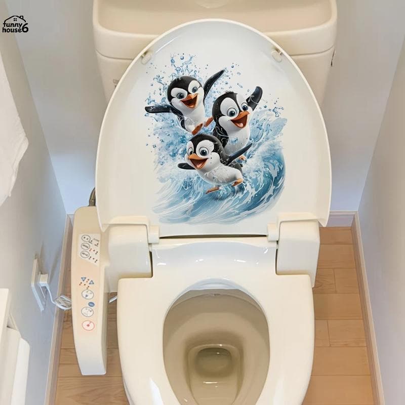 Divertido Bonito Pinguim De Natação Toalete Stier Impermeável Auto-Adesivo PVC Dos Desenhos Animados Decalque Da Parede