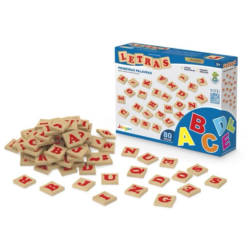Jogo de Letras em Madeira 80 Peças Educativo Pedagógico Alfabetização Infantil Junges