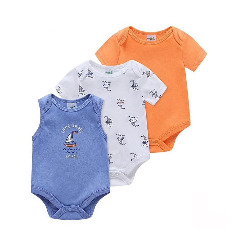 Body Bebê Masculino Kit 3 Peças Estampa Barco e Veleiro Azul e Laranja
