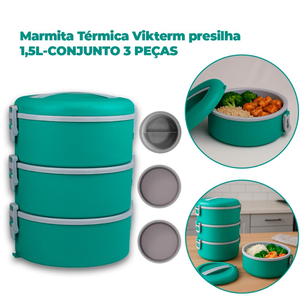 Marmita Vikterm 1,5 Litros Conjunto de 3 Peças - Térmica - Prática e Funcional
