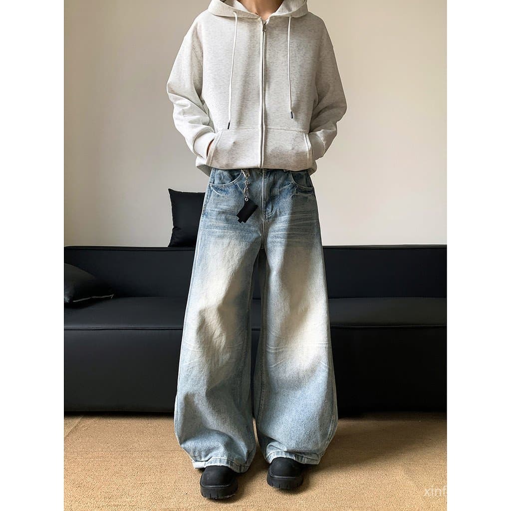 Calças jeans masculinas de perna larga com lavagem estilo americano, Street Wear, corte cleanfit, perna reta e solta, ru