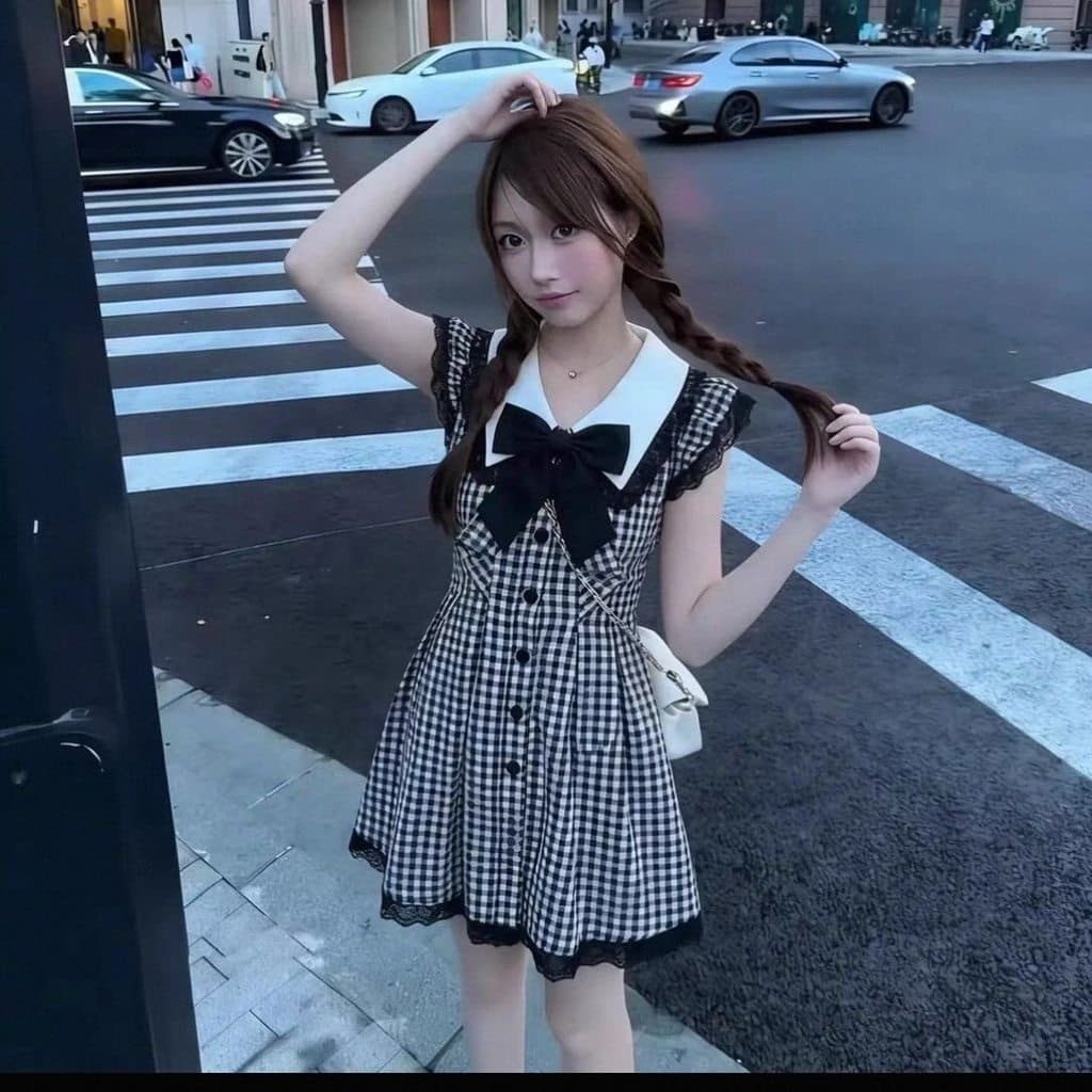 Preto branco xadrez manga voadora estilo Preppy vestido feminino verão renda costura solta mais magro olhar A linha saia